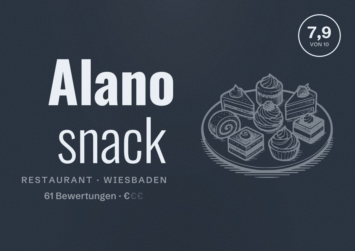Illustriertes Poster von Alano snack, Restaurant in Wiesbaden: Bewertung 7,9 von 10 aus 61 Bewertungen, Preisniveau €