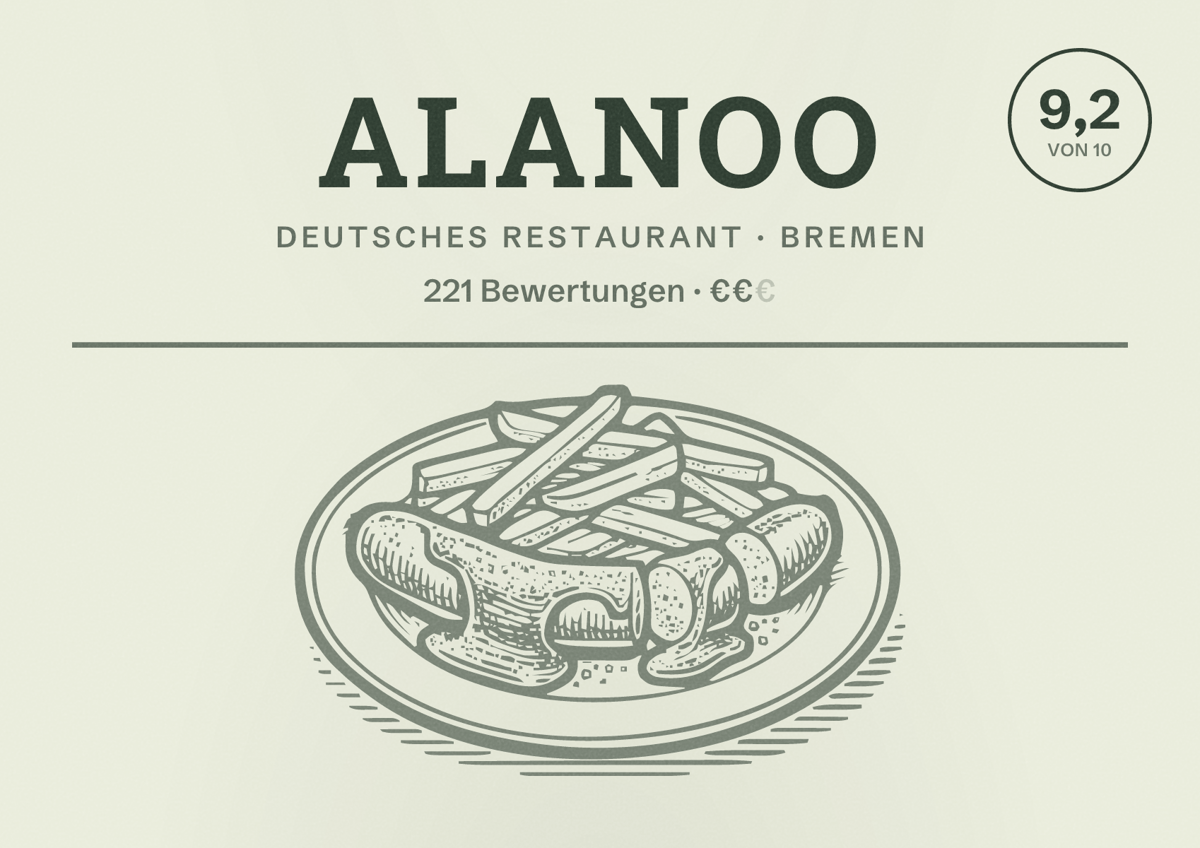 Illustriertes Poster von Alanoo, Deutsches Restaurant in Bremen: Bewertung 9,2 von 10 aus 221 Bewertungen, Preisniveau €€