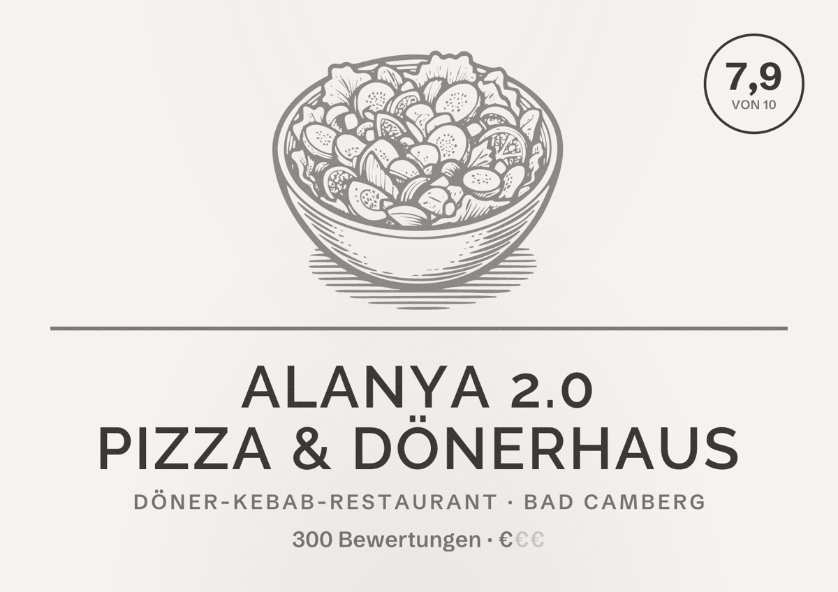 Illustriertes Poster von Alanya 2.0 Pizza & Dönerhaus, Döner-Kebab-Restaurant in Bad Camberg: Bewertung 7,9 von 10 aus 300 Bewertungen, Preisniveau €