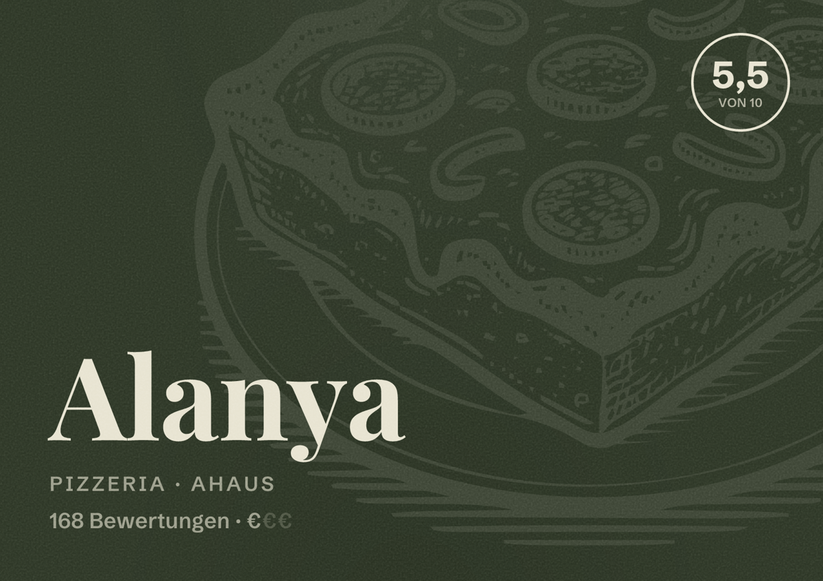 Illustriertes Poster von Alanya, Pizzeria in Ahaus: Bewertung 5,5 von 10 aus 168 Bewertungen, Preisniveau €