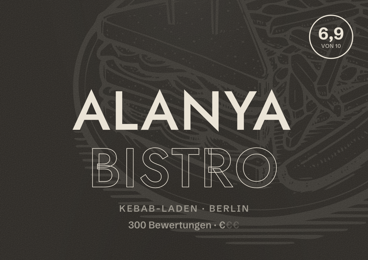 Illustriertes Poster von ALANYA BISTRO, Kebab-Laden in Berlin: Bewertung 6,9 von 10 aus 300 Bewertungen, Preisniveau €