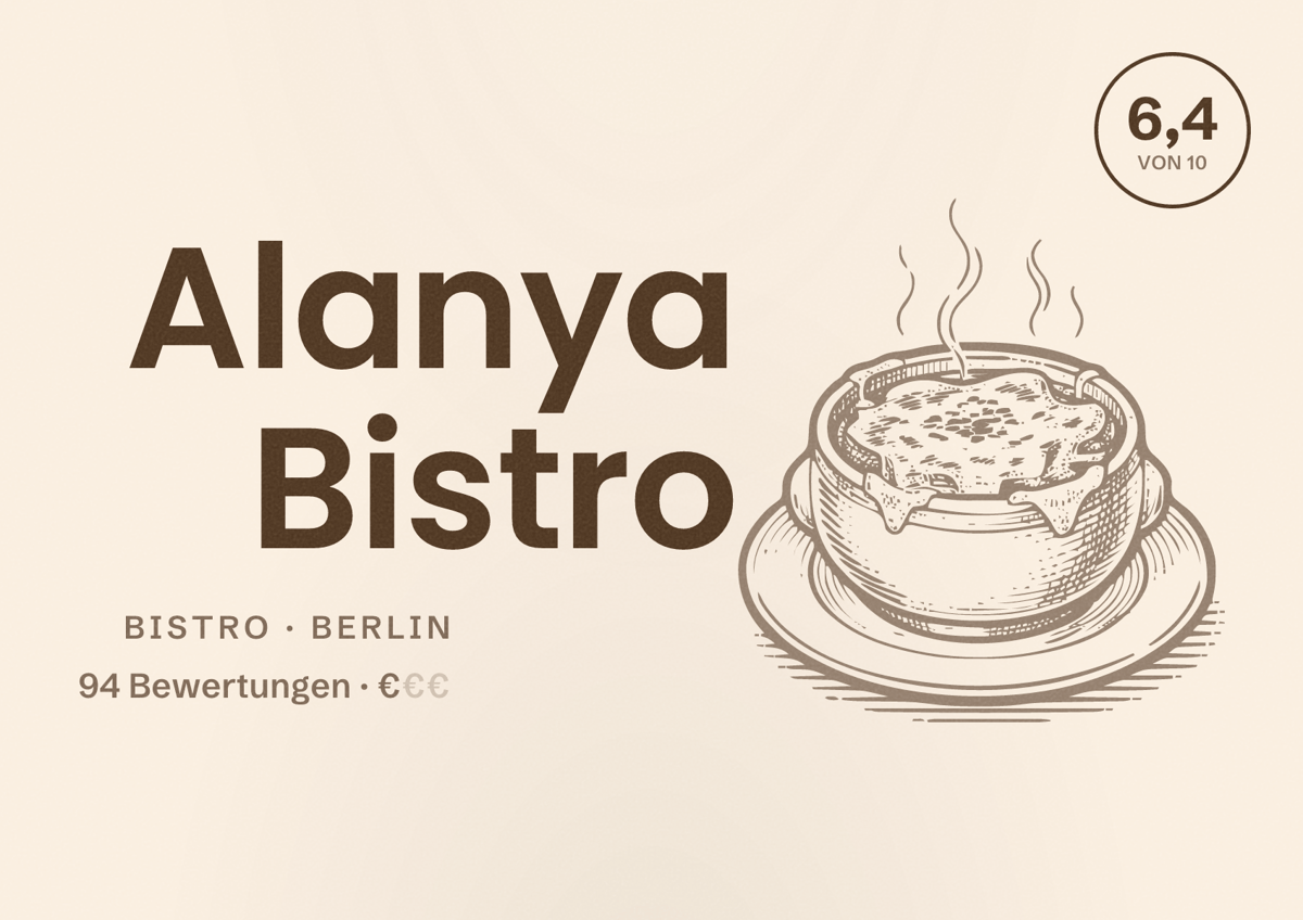 Illustriertes Poster von Alanya Bistro, Bistro in Berlin: Bewertung 6,4 von 10 aus 94 Bewertungen, Preisniveau €