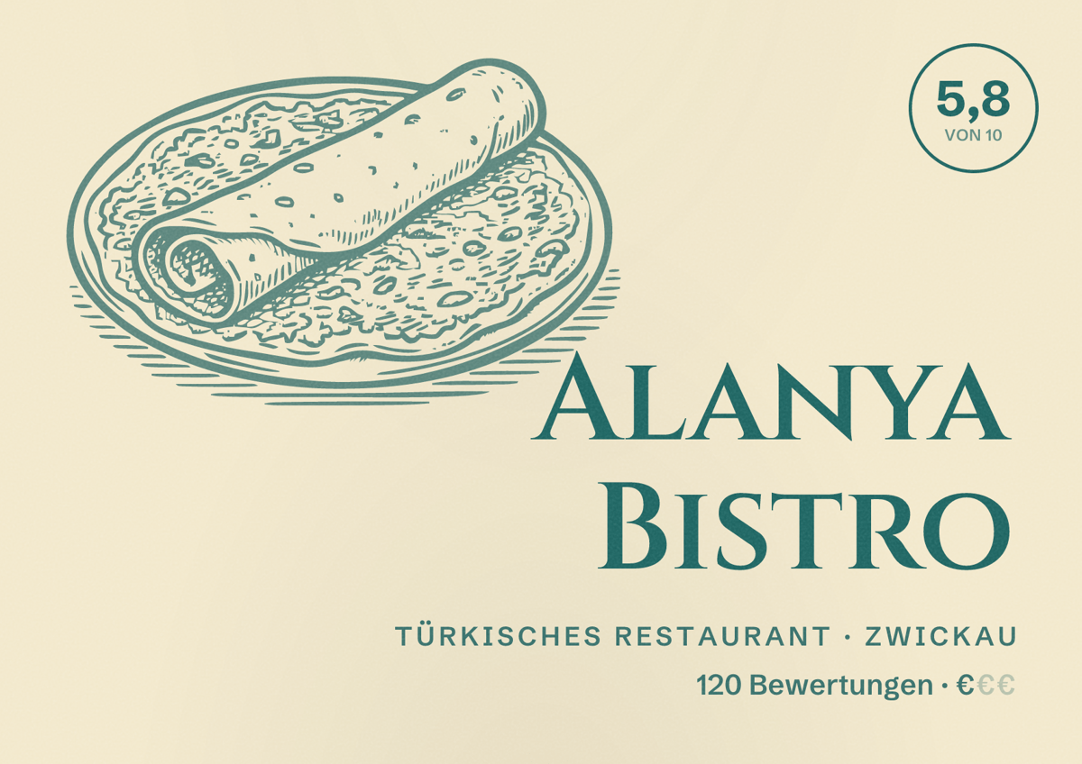 Illustriertes Poster von Alanya Bistro, Türkisches Restaurant in Zwickau: Bewertung 5,8 von 10 aus 120 Bewertungen, Preisniveau €