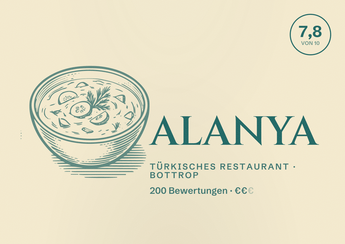 Illustriertes Poster von ALANYA, Türkisches Restaurant in Bottrop: Bewertung 7,8 von 10 aus 200 Bewertungen, Preisniveau €€