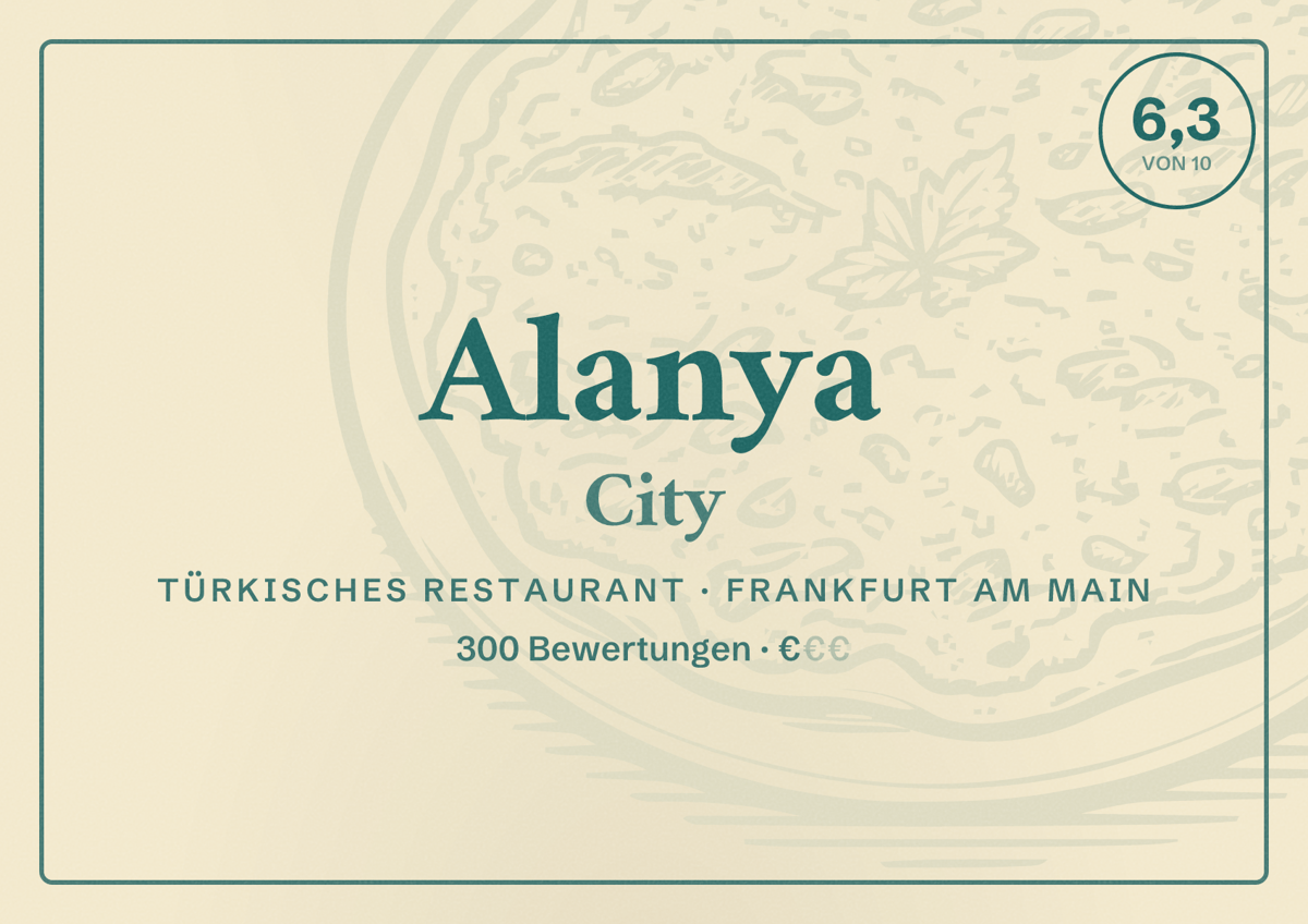 Illustriertes Poster von Alanya City, Türkisches Restaurant in Frankfurt am Main: Bewertung 6,3 von 10 aus 300 Bewertungen, Preisniveau €