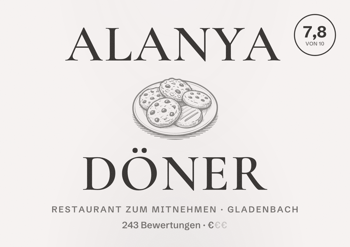 Illustriertes Poster von Alanya Döner, Restaurant zum Mitnehmen in Gladenbach: Bewertung 7,8 von 10 aus 243 Bewertungen, Preisniveau €
