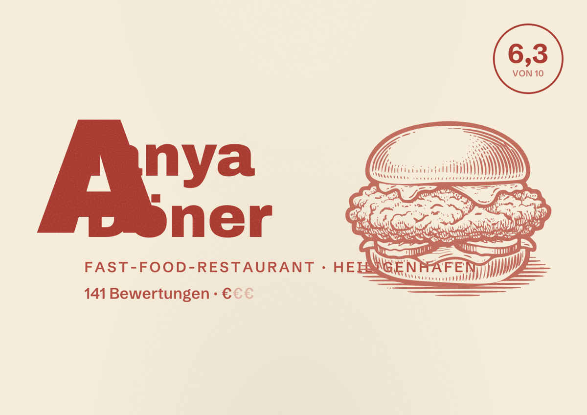 Illustriertes Poster von Alanya Döner, Fast-Food-Restaurant in Heiligenhafen: Bewertung 6,3 von 10 aus 141 Bewertungen, Preisniveau €
