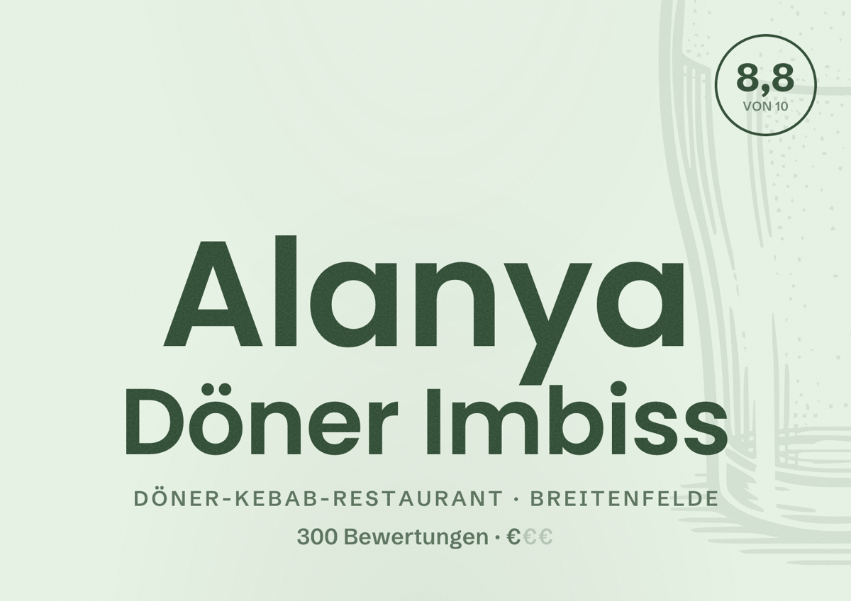 Illustriertes Poster von Alanya Döner Imbiss, Döner-Kebab-Restaurant in Breitenfelde: Bewertung 8,8 von 10 aus 300 Bewertungen, Preisniveau €