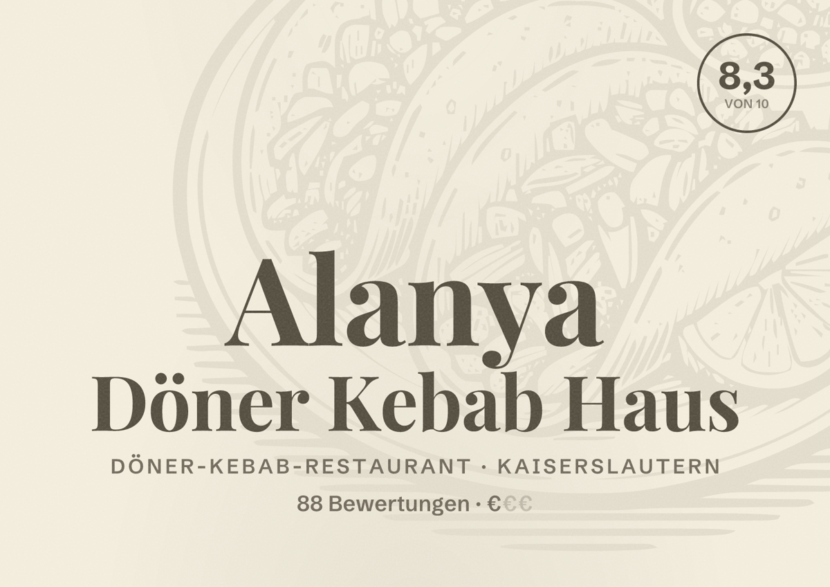 Illustriertes Poster von Alanya Döner Kebab Haus, Döner-Kebab-Restaurant in Kaiserslautern: Bewertung 8,3 von 10 aus 88 Bewertungen, Preisniveau €