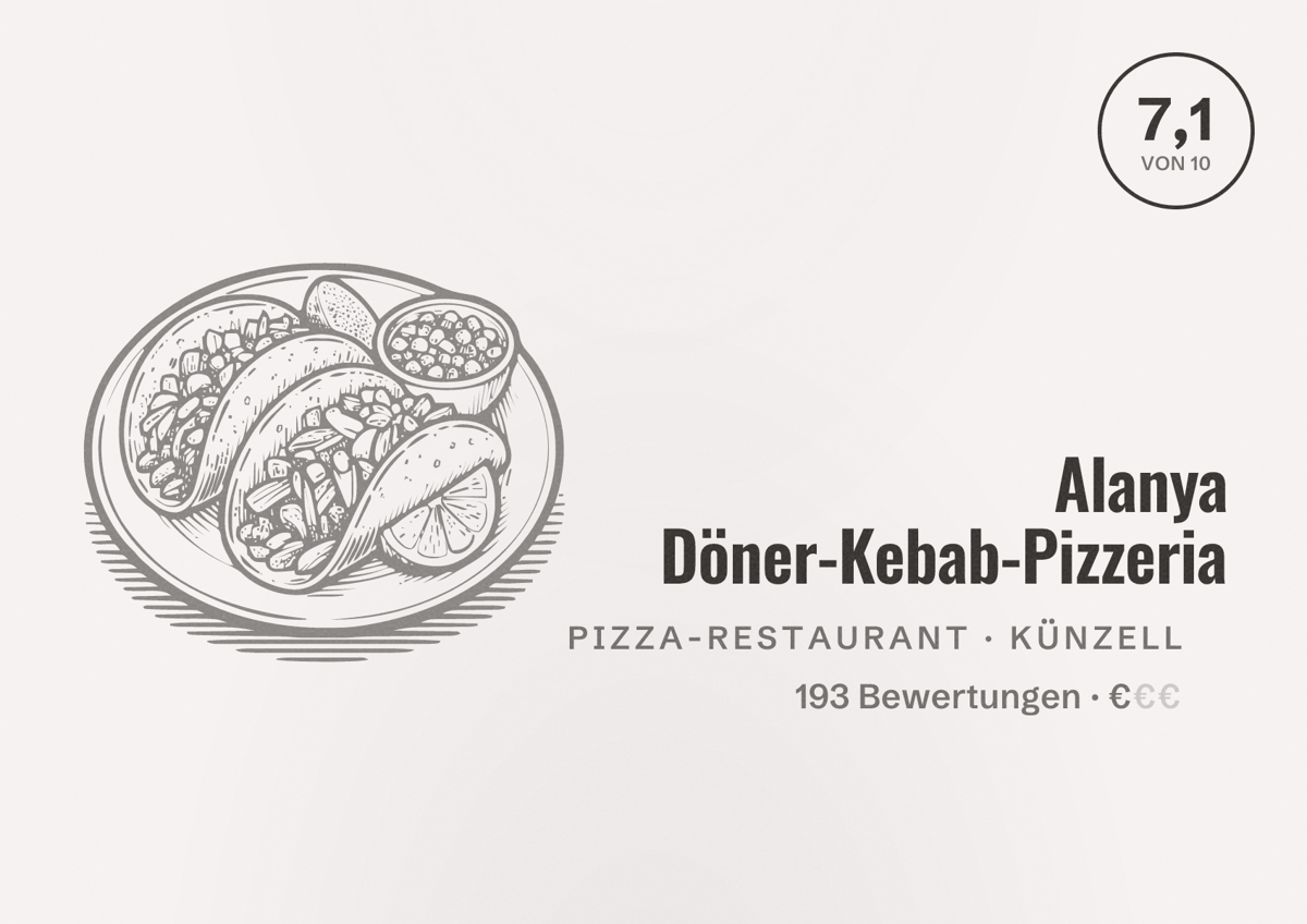 Illustriertes Poster von Alanya Döner-Kebab-Pizzeria, Pizza-Restaurant in Künzell: Bewertung 7,1 von 10 aus 193 Bewertungen, Preisniveau €
