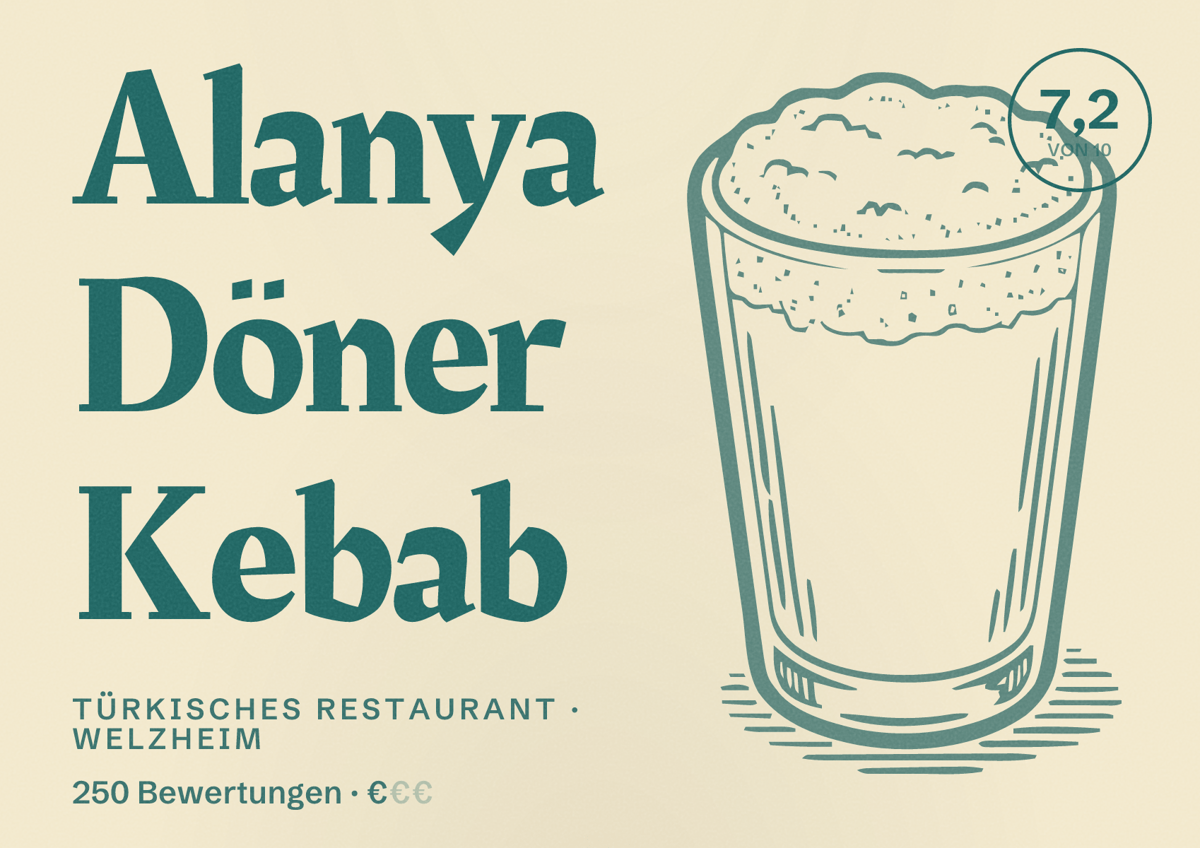 Illustriertes Poster von Alanya Döner Kebab, Türkisches Restaurant in Welzheim: Bewertung 7,2 von 10 aus 250 Bewertungen, Preisniveau €