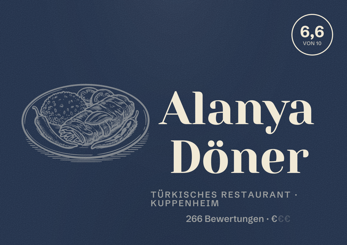Illustriertes Poster von Alanya Döner, Türkisches Restaurant in Kuppenheim: Bewertung 6,6 von 10 aus 266 Bewertungen, Preisniveau €