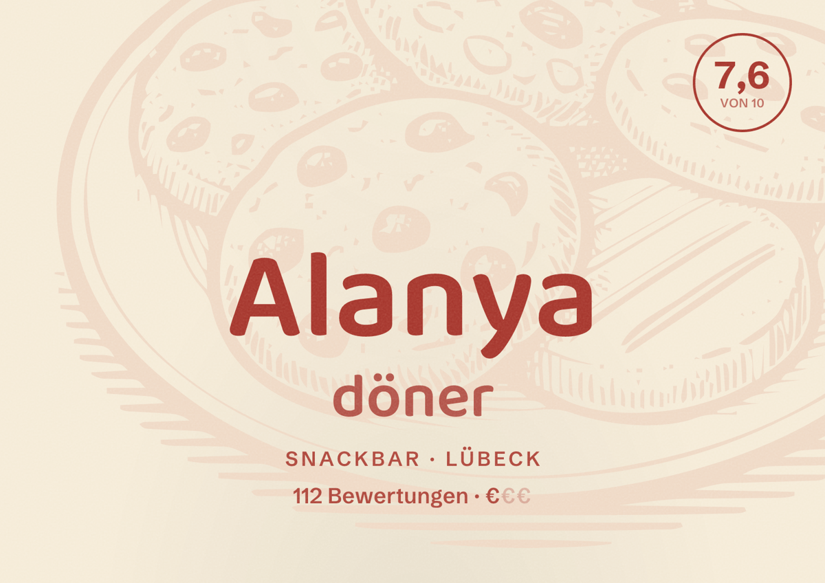 Illustriertes Poster von Alanya döner, Snackbar in Lübeck: Bewertung 7,6 von 10 aus 112 Bewertungen, Preisniveau €