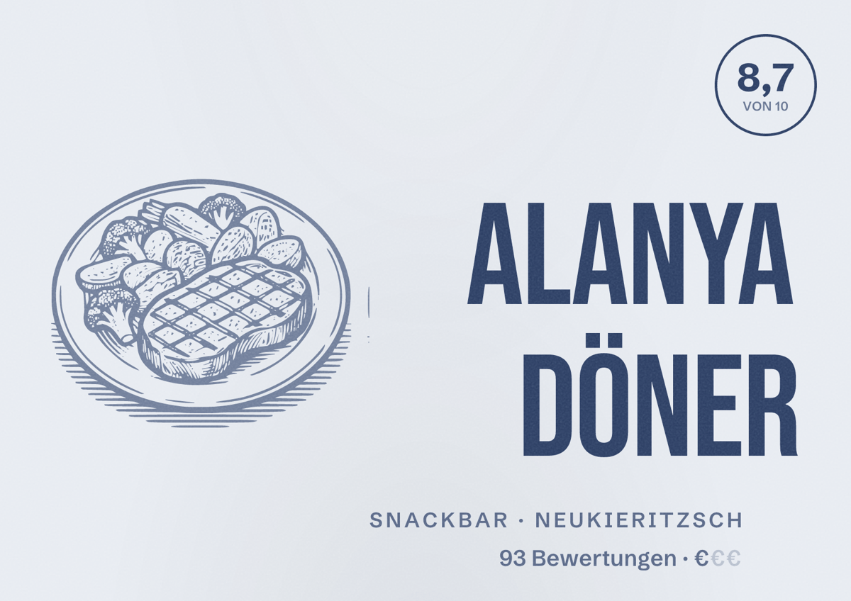 Illustriertes Poster von Alanya Döner, Snackbar in Neukieritzsch: Bewertung 8,7 von 10 aus 93 Bewertungen, Preisniveau €