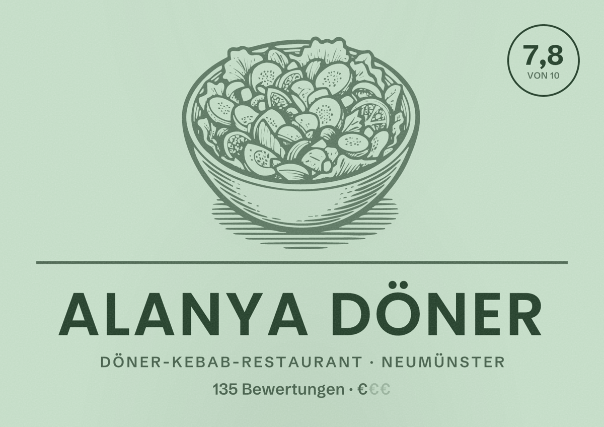 Illustriertes Poster von Alanya Döner, Döner-Kebab-Restaurant in Neumünster: Bewertung 7,8 von 10 aus 135 Bewertungen, Preisniveau €