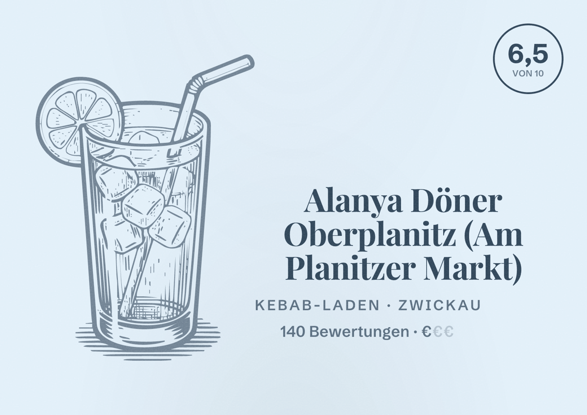 Illustriertes Poster von Alanya Döner Oberplanitz (Am Planitzer Markt), Kebab-Laden in Zwickau: Bewertung 6,5 von 10 aus 140 Bewertungen, Preisniveau €