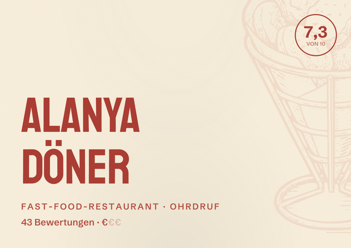 Illustriertes Poster von Alanya Döner, Fast-Food-Restaurant in Ohrdruf: Bewertung 7,3 von 10 aus 43 Bewertungen, Preisniveau €