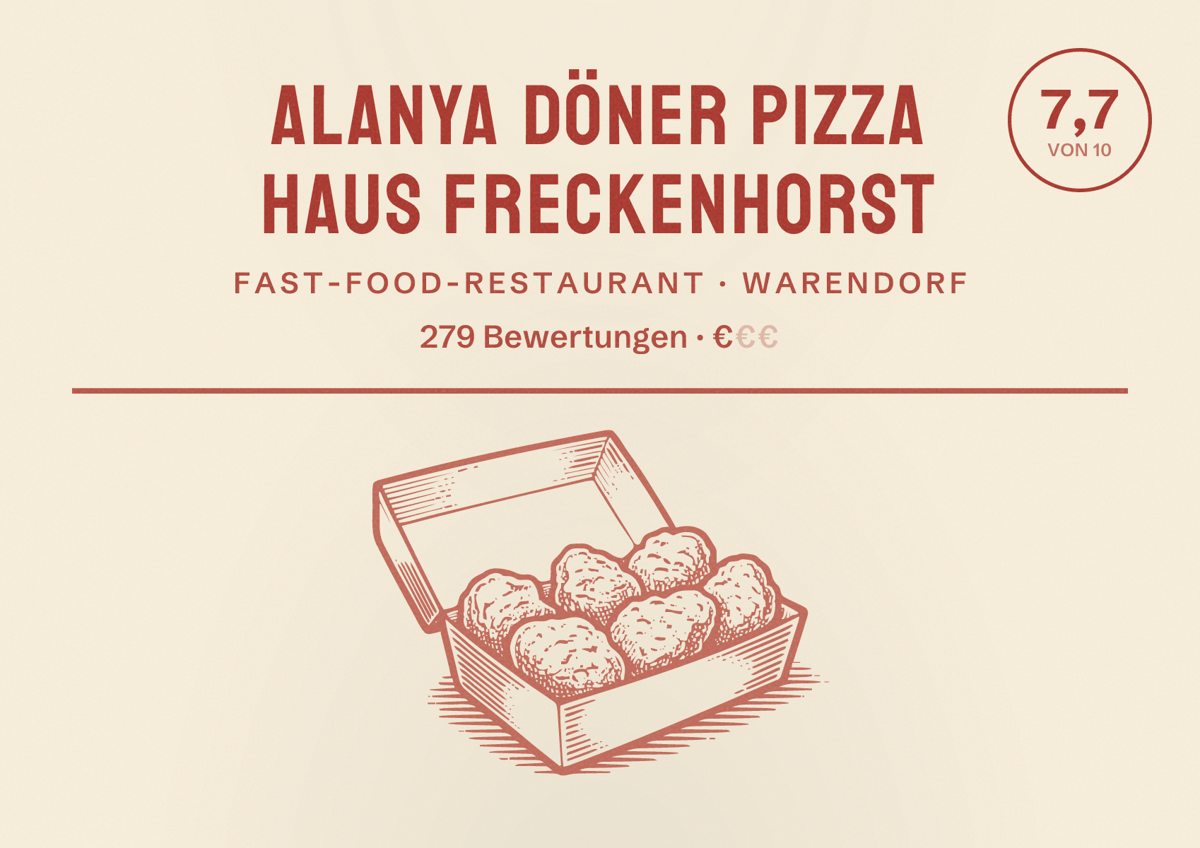Illustriertes Poster von Alanya Döner Pizza Haus Freckenhorst, Fast-Food-Restaurant in Warendorf: Bewertung 7,7 von 10 aus 279 Bewertungen, Preisniveau €
