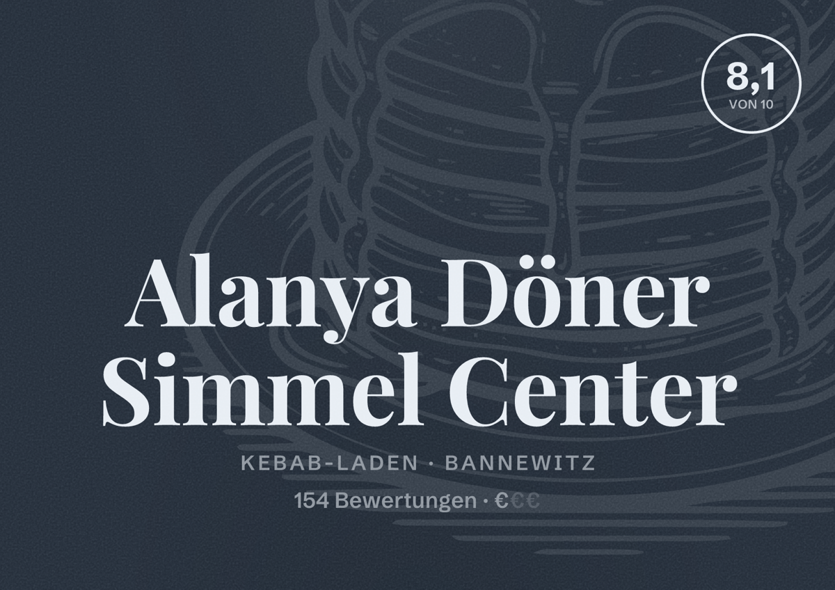 Illustriertes Poster von Alanya Döner Simmel Center, Kebab-Laden in Bannewitz: Bewertung 8,1 von 10 aus 154 Bewertungen, Preisniveau €