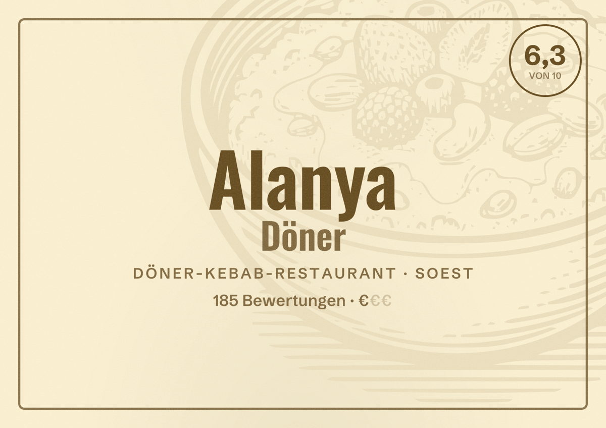 Illustriertes Poster von Alanya Döner, Döner-Kebab-Restaurant in Soest: Bewertung 6,3 von 10 aus 185 Bewertungen, Preisniveau €
