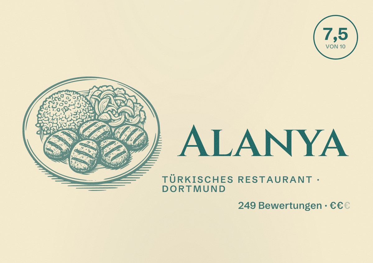 Illustriertes Poster von Alanya, Türkisches Restaurant in Dortmund: Bewertung 7,5 von 10 aus 249 Bewertungen, Preisniveau €€