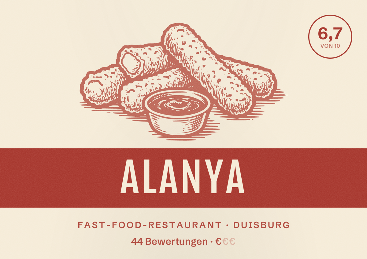 Illustriertes Poster von Alanya, Fast-Food-Restaurant in Duisburg: Bewertung 6,7 von 10 aus 44 Bewertungen, Preisniveau €