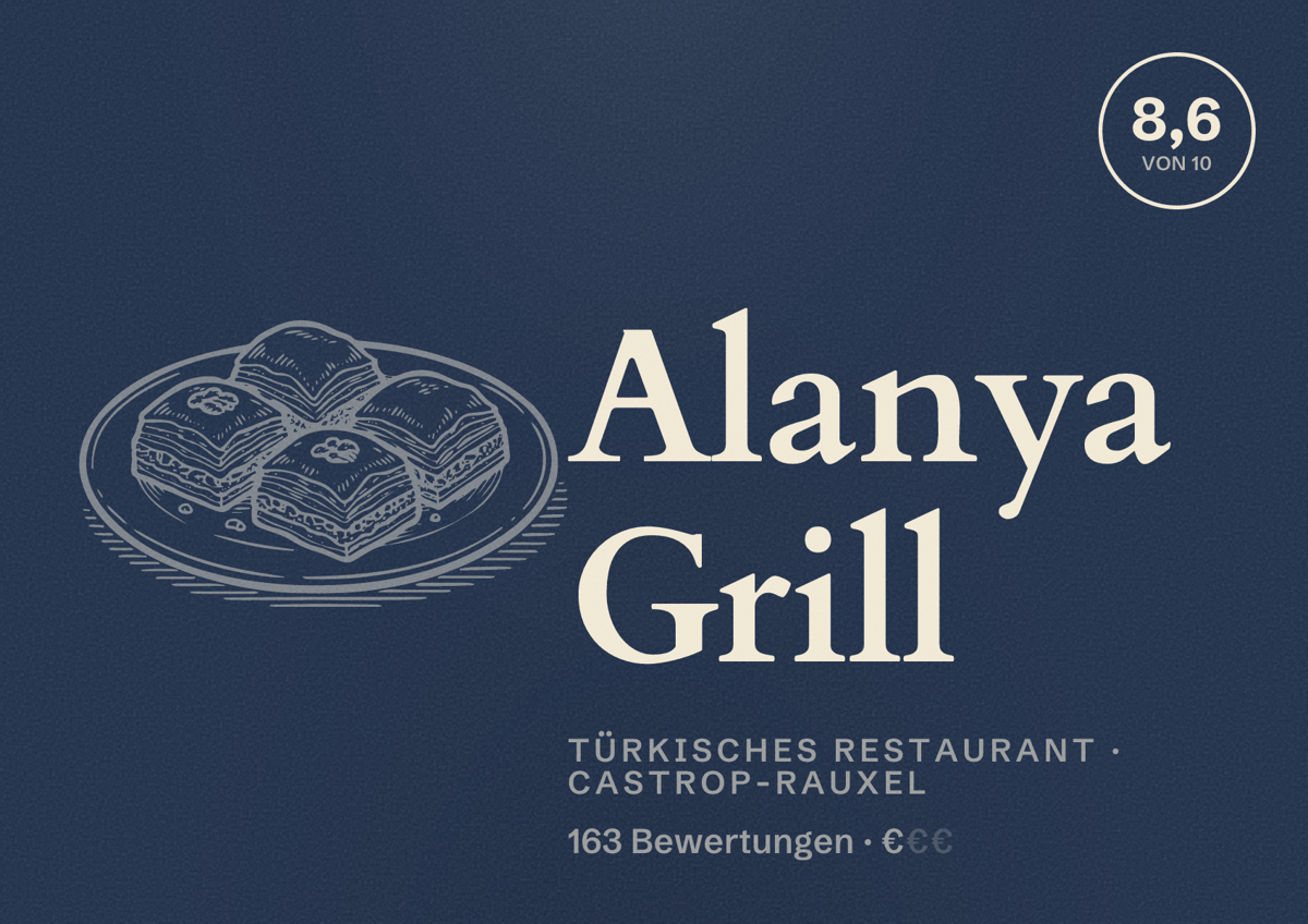 Illustriertes Poster von Alanya Grill, Türkisches Restaurant in Castrop-Rauxel: Bewertung 8,6 von 10 aus 163 Bewertungen, Preisniveau €
