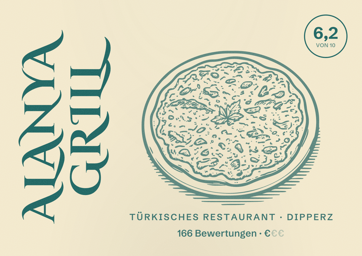 Illustriertes Poster von Alanya Grill, Türkisches Restaurant in Dipperz: Bewertung 6,2 von 10 aus 166 Bewertungen, Preisniveau €