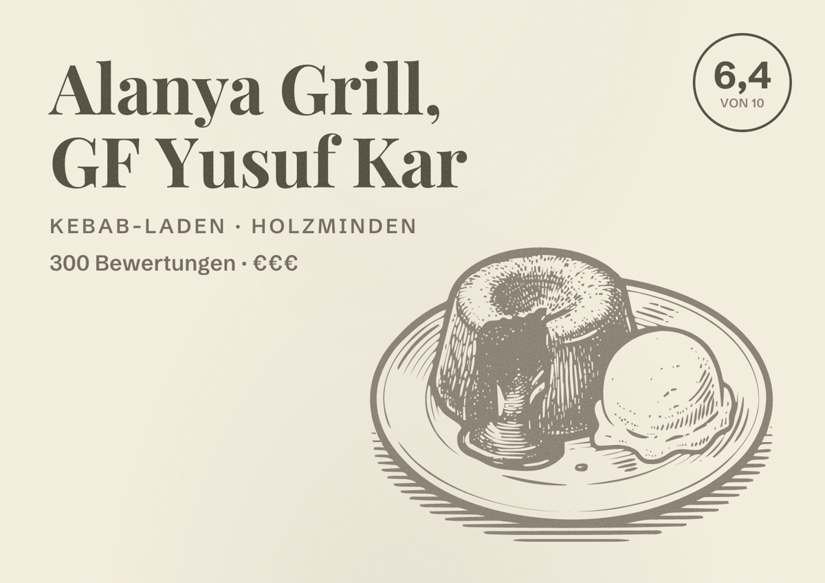 Illustriertes Poster von Alanya Grill, GF Yusuf Kar, Kebab-Laden in Holzminden: Bewertung 6,4 von 10 aus 300 Bewertungen, Preisniveau €€€