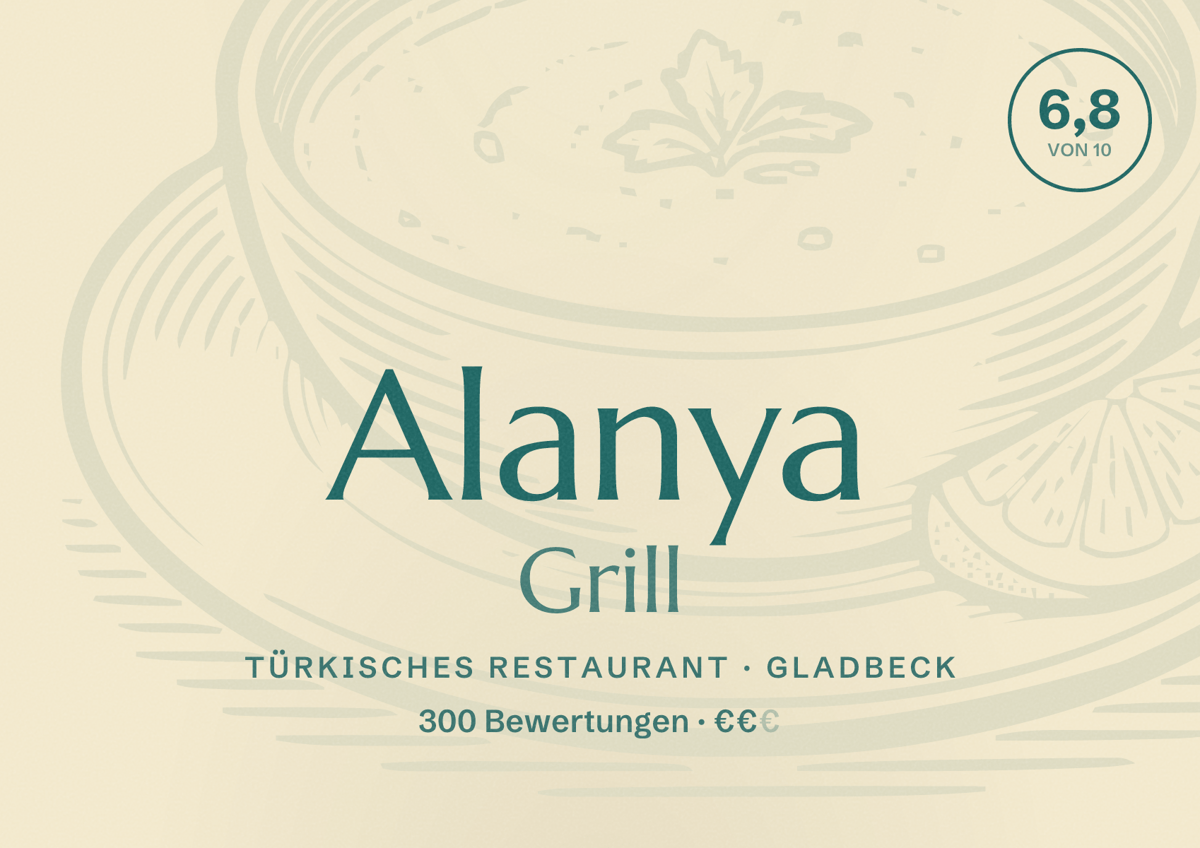 Illustriertes Poster von Alanya Grill, Türkisches Restaurant in Gladbeck: Bewertung 6,8 von 10 aus 300 Bewertungen, Preisniveau €€