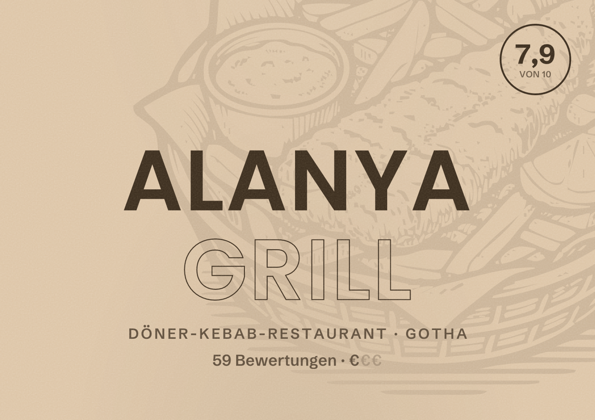 Illustriertes Poster von Alanya Grill, Döner-Kebab-Restaurant in Gotha: Bewertung 7,9 von 10 aus 59 Bewertungen, Preisniveau €
