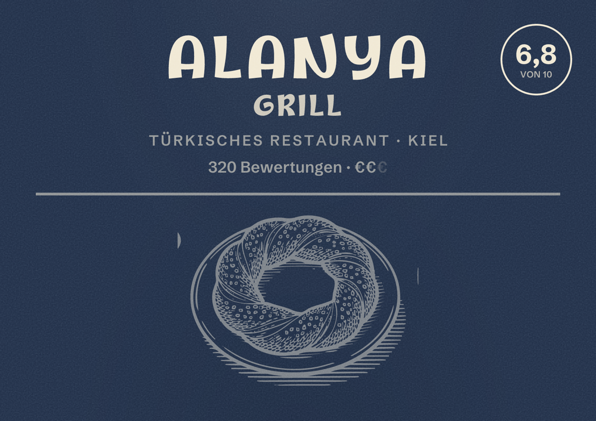 Illustriertes Poster von Alanya Grill, Türkisches Restaurant in Kiel: Bewertung 6,8 von 10 aus 320 Bewertungen, Preisniveau €€