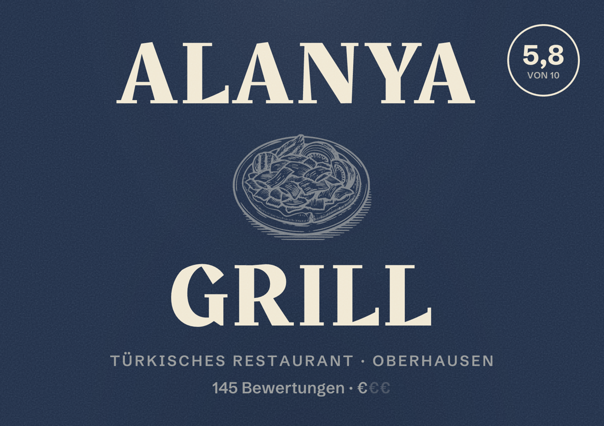 Illustriertes Poster von Alanya Grill, Türkisches Restaurant in Oberhausen: Bewertung 5,8 von 10 aus 145 Bewertungen, Preisniveau €