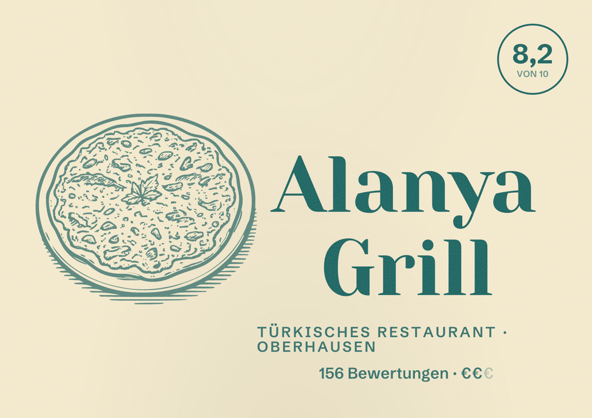 Illustriertes Poster von Alanya Grill, Türkisches Restaurant in Oberhausen: Bewertung 8,2 von 10 aus 156 Bewertungen, Preisniveau €€
