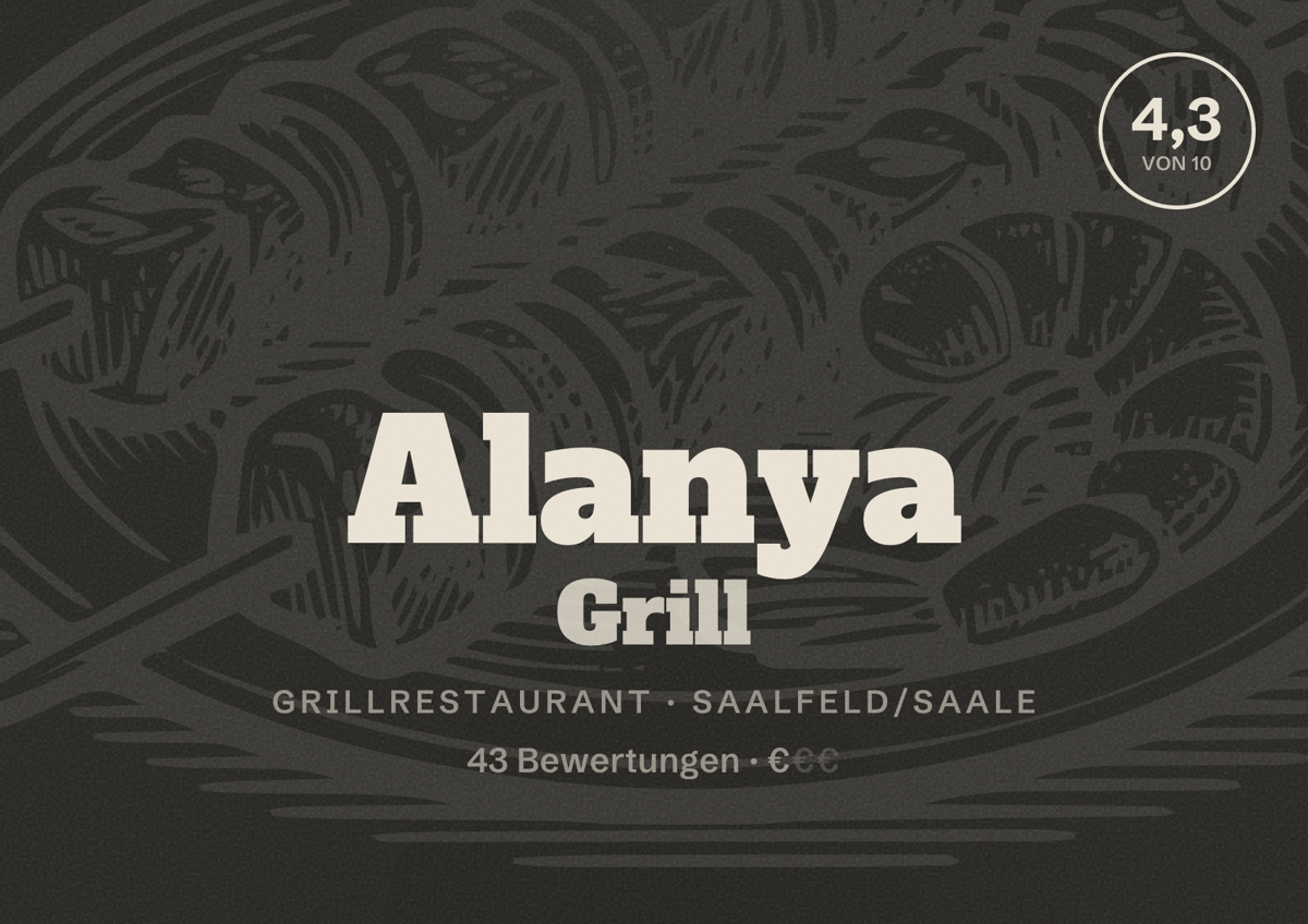 Illustriertes Poster von Alanya Grill, Grillrestaurant in Saalfeld/Saale: Bewertung 4,3 von 10 aus 43 Bewertungen, Preisniveau €