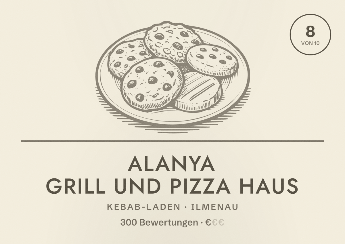 Illustriertes Poster von Alanya Grill und Pizza Haus, Kebab-Laden in Ilmenau: Bewertung 8 von 10 aus 300 Bewertungen, Preisniveau €
