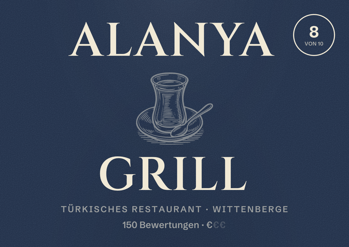 Illustriertes Poster von Alanya Grill, Türkisches Restaurant in Wittenberge: Bewertung 8 von 10 aus 150 Bewertungen, Preisniveau €