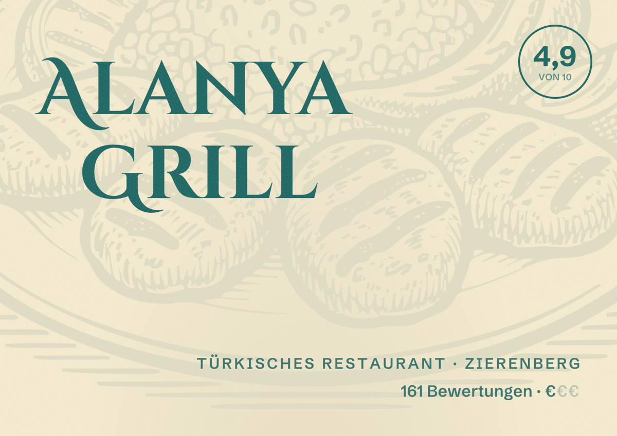 Illustriertes Poster von Alanya Grill, Türkisches Restaurant in Zierenberg: Bewertung 4,9 von 10 aus 161 Bewertungen, Preisniveau €