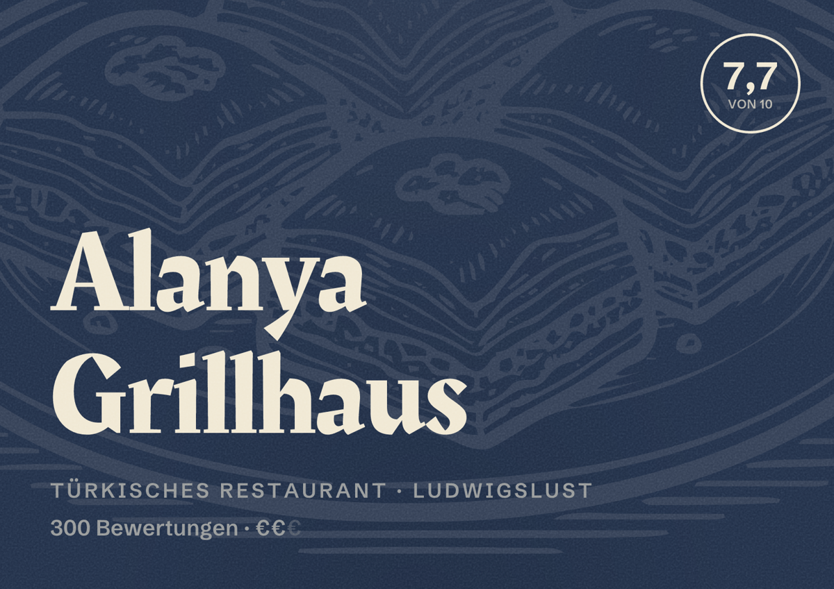 Illustriertes Poster von Alanya Grillhaus, Türkisches Restaurant in Ludwigslust: Bewertung 7,7 von 10 aus 300 Bewertungen, Preisniveau €€