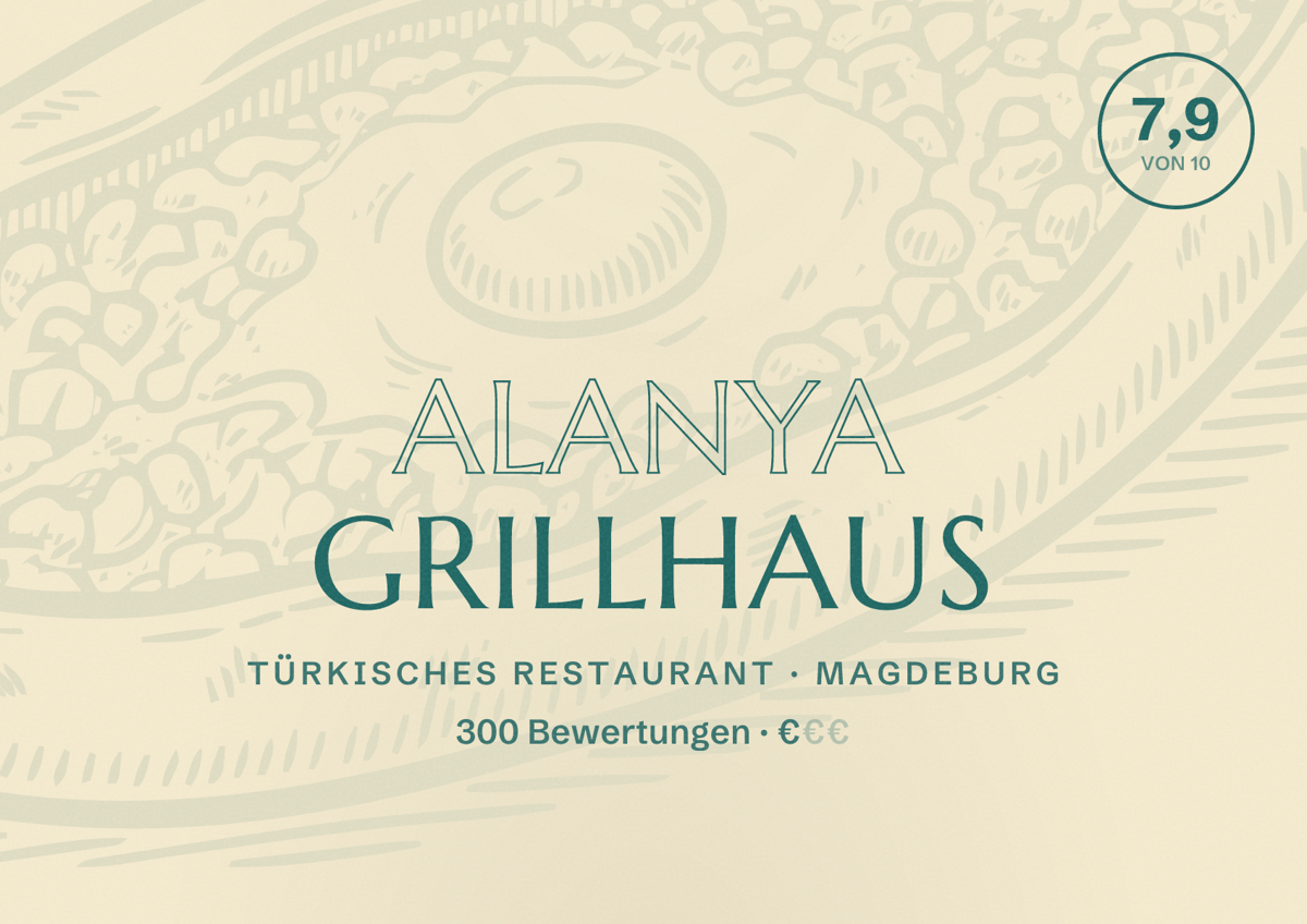 Illustriertes Poster von ALANYA GRILLHAUS, Türkisches Restaurant in Magdeburg: Bewertung 7,9 von 10 aus 300 Bewertungen, Preisniveau €