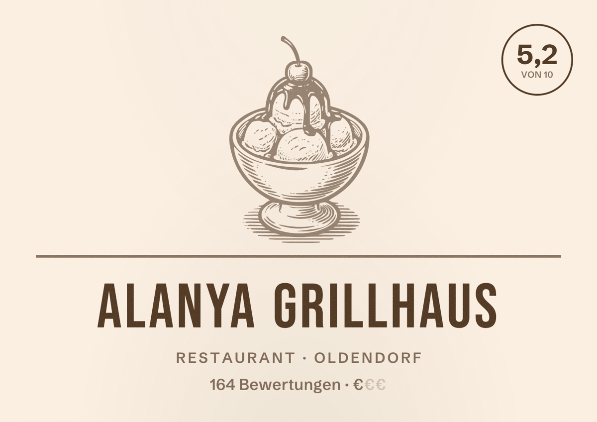 Illustriertes Poster von Alanya Grillhaus, Restaurant in Oldendorf: Bewertung 5,2 von 10 aus 164 Bewertungen, Preisniveau €