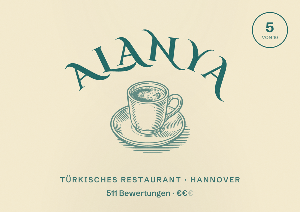 Illustriertes Poster von Alanya, Türkisches Restaurant in Hannover: Bewertung 5,0 von 10 aus 511 Bewertungen, Preisniveau €€
