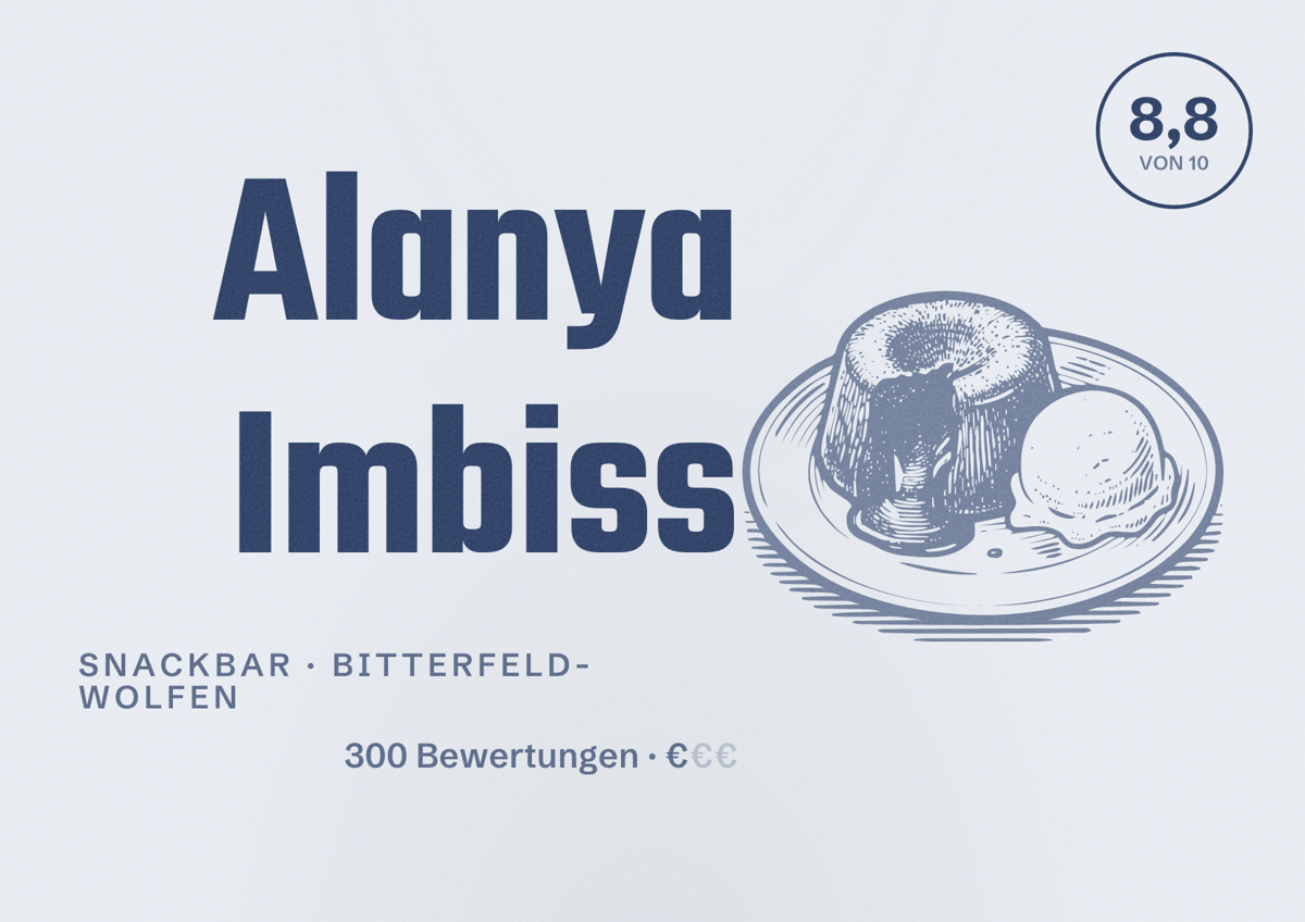 Illustriertes Poster von Alanya Imbiss, Snackbar in Bitterfeld-Wolfen: Bewertung 8,8 von 10 aus 300 Bewertungen, Preisniveau €