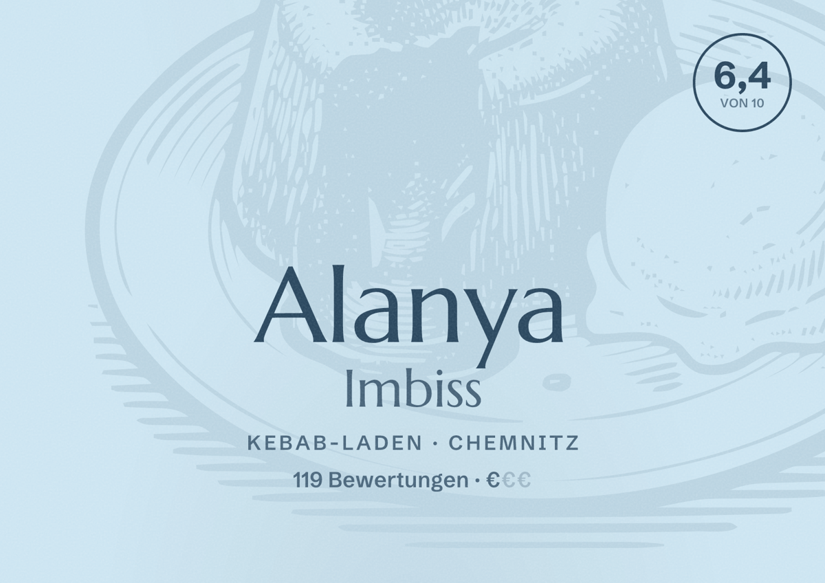 Illustriertes Poster von Alanya Imbiss, Kebab-Laden in Chemnitz: Bewertung 6,4 von 10 aus 119 Bewertungen, Preisniveau €