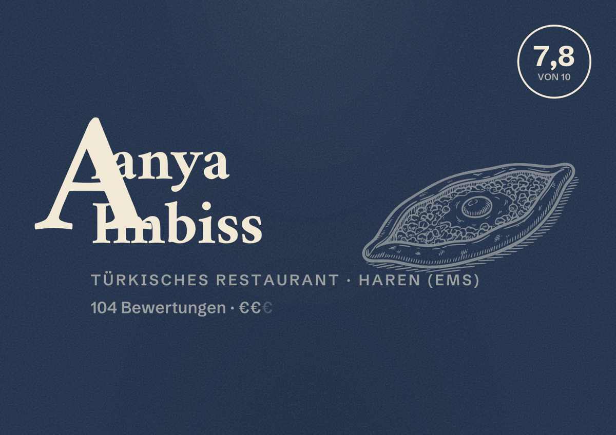 Illustriertes Poster von Alanya Imbiss, Türkisches Restaurant in Haren (Ems): Bewertung 7,8 von 10 aus 104 Bewertungen, Preisniveau €€