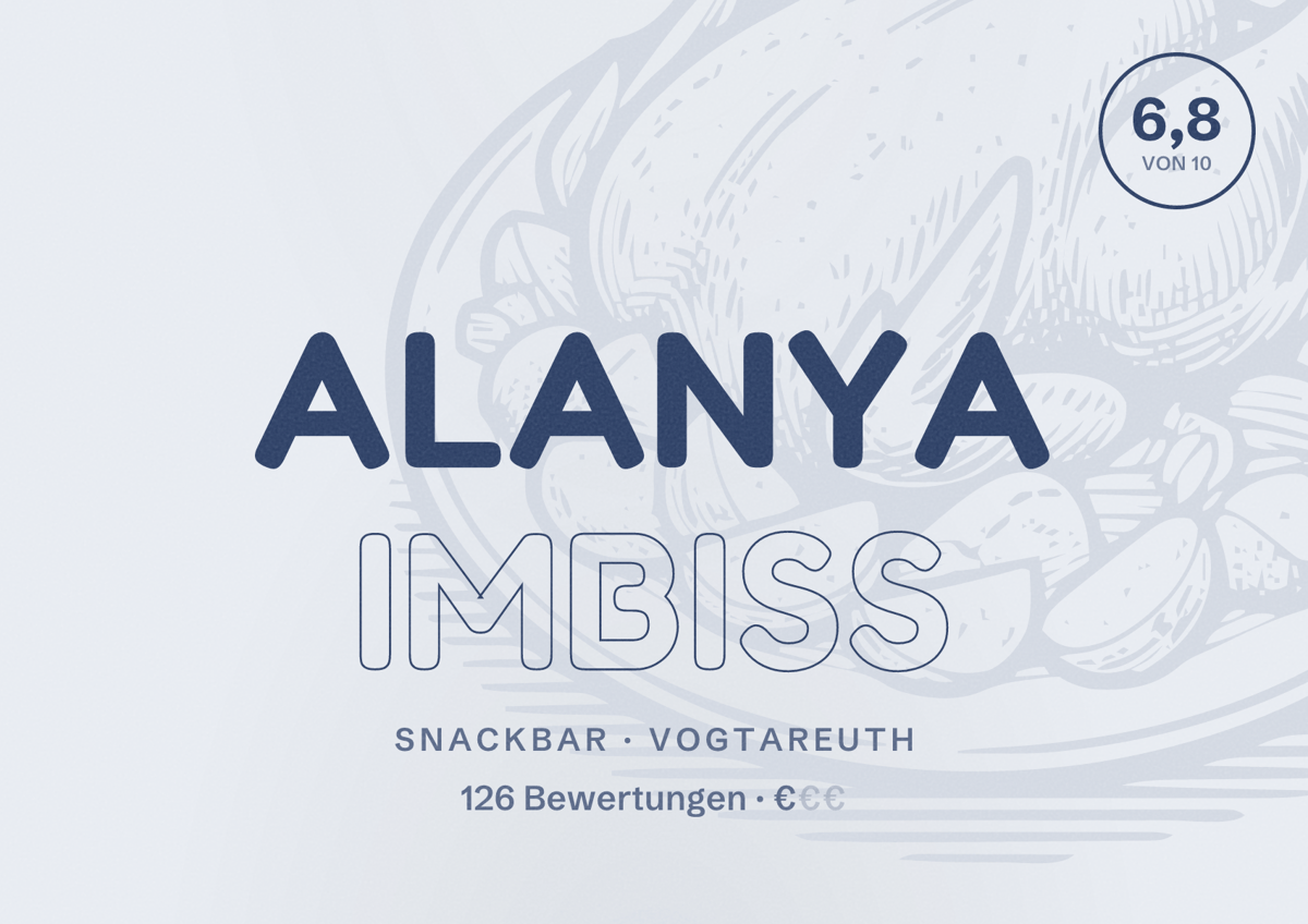 Illustriertes Poster von Alanya Imbiss, Snackbar in Vogtareuth: Bewertung 6,8 von 10 aus 126 Bewertungen, Preisniveau €