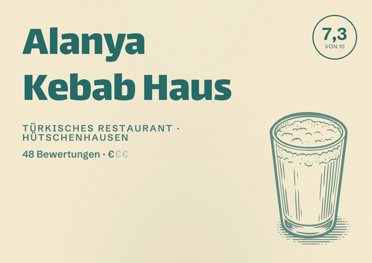 Illustriertes Poster von Alanya Kebab Haus, Türkisches Restaurant in Hütschenhausen: Bewertung 7,3 von 10 aus 48 Bewertungen, Preisniveau €