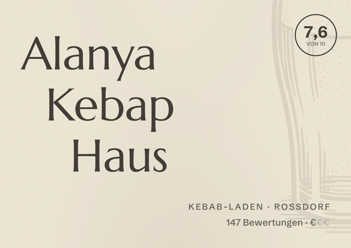 Illustriertes Poster von Alanya Kebap Haus, Kebab-Laden in Roßdorf: Bewertung 7,6 von 10 aus 147 Bewertungen, Preisniveau €