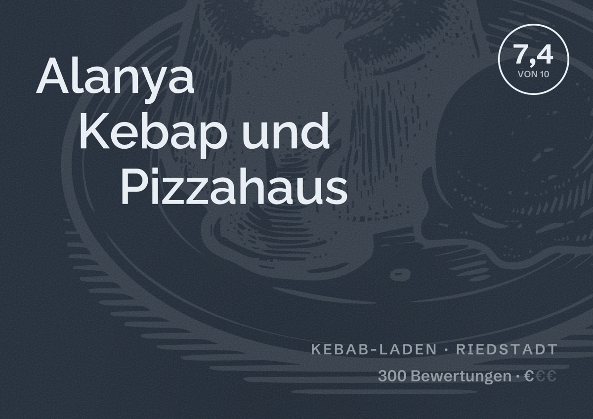 Illustriertes Poster von Alanya Kebap und Pizzahaus, Kebab-Laden in Riedstadt: Bewertung 7,4 von 10 aus 300 Bewertungen, Preisniveau €