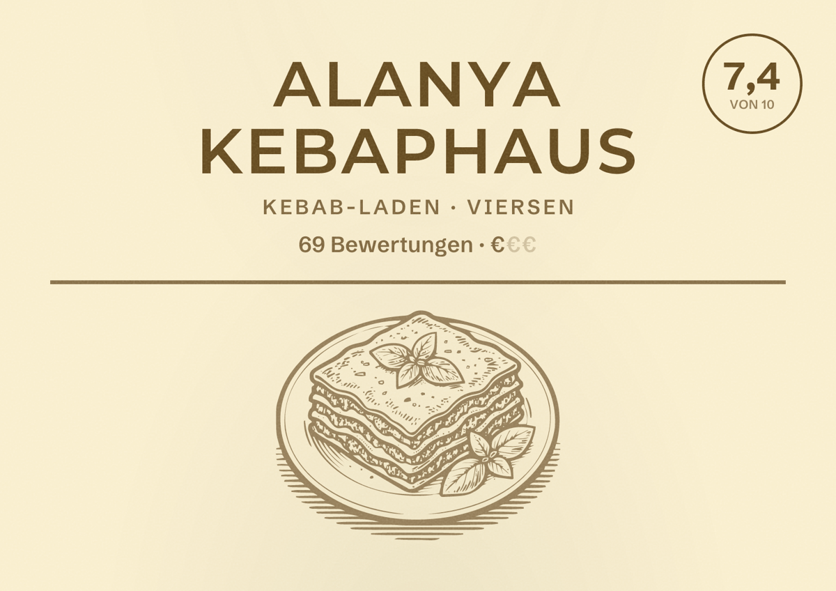 Illustriertes Poster von Alanya KebapHaus, Kebab-Laden in Viersen: Bewertung 7,4 von 10 aus 69 Bewertungen, Preisniveau €